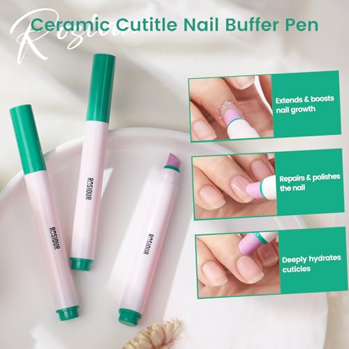 Ceramic Cuticle Oil Pusher Pen: 3-in-1 Nail Cuticle Buffer Pens for Hangnails, Dry & Damaged Nails, Moisturize Strengthen Brighten Nails Care