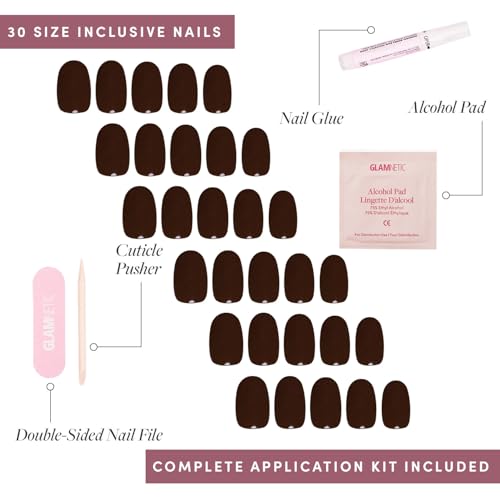 Glamnetic Press On Nails - Bark Brown | Opaque Dark Brown Short Round Fake Nails, Salon Quality | 12 Sizes - 30 Nail Kit