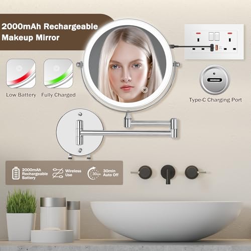 Wall?Mounted LED Makeup Mirror 1¡¿/15¡¿ Magnifying ? USB Rechargeable, 3?Color Touch?Dim Light, 360¡Æ Swivel 8¡± Double Sided, 2000?mAh Battery, Ideal for Hotel & Bathroom
