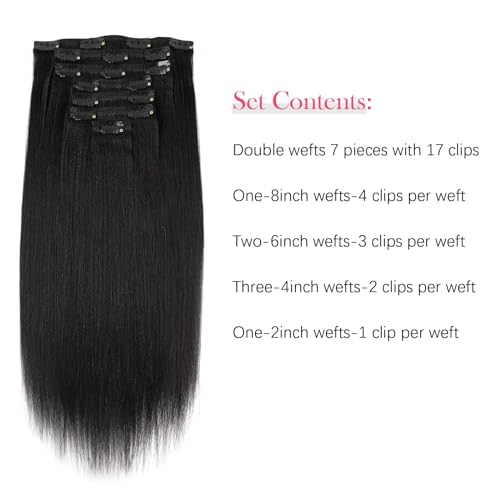 Sassina Italian Light Yaki Human Hair Clip in Extensions Natural Black Yaki Hair Clip ins for Black Women Human Hair 32 Inch Clip ins Human Hair Extensions for Full Head 120 Grams 7 Pcs with 17 Clips