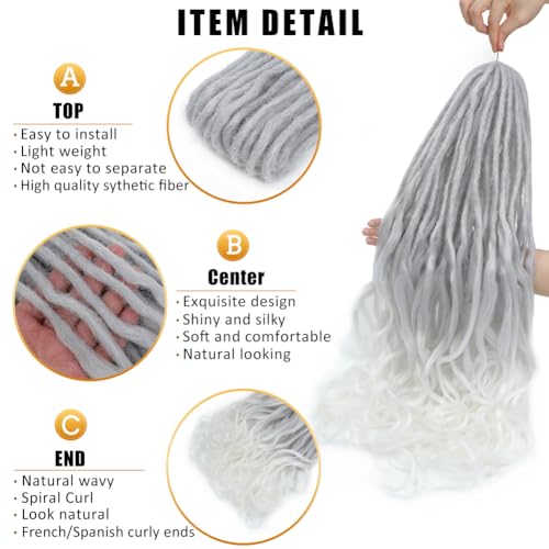 Loose Wave Dreadlocks Synthetic French Curly Double Ended Dreadlock Extensions 24inches 30 Strands Thin Soft Grey to White Spanish Curly DE Dreadlock Extensions for Women (30 Strands, G60)