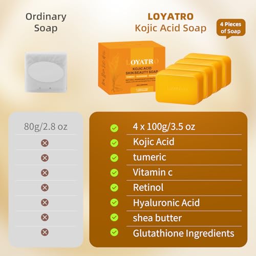 Kojic Acid Turmeric Soap Bar Dark Spots for Face & Body, Deep Cleansing, Gentle Soap Sensitive Skin Formula, All Skin Types 4Pack