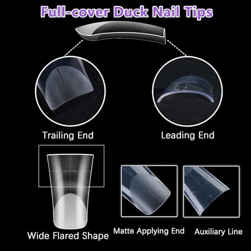 Laza 120pcs Medium Length Duck Nail Tips with Auxiliary Lines 12 Sizes Box-packed Clear Duck Nails Full Cover Wide Nail Tips French False Nail Tips for Acrylic Nails Extension Tips