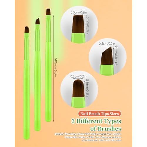 3PCS Nail Polish Clean Up Brush, Round&Falt&Angled Acetone Resistant Nail Brush for OPI Nail Polish Remover, Fingernail Cleaning Brushes at Home Nail Art and Designs(Bright Green)