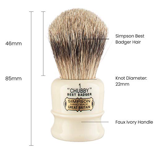 Simpsons Chubby 1 Best Shaving Brush - CH1 High Density Knot, Hand-Turned Ivory Handle Simpson Shaving Brushes - Wet Shave Deluxe Thick & Luxurious Lather Handle Dense & Extra Soft Bristles