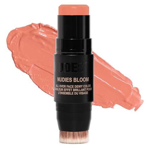 Nudestix Nudies Bloom All Over Dewy Color ? 3-in-1 Cream Blush Stick for Cheeks, Eyes & Lips with Built-In Brush | Sheer, Glossy Finish | Vegan, Long-Wear, Multi-Use Makeup
