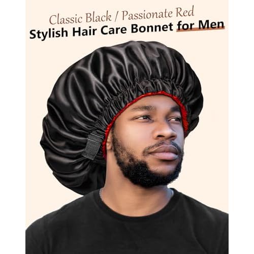 mikimini Satin Bonnet for Men and Women, Reversible Double Layer Sleeping Bonnet for Hair Braids with Anti-slip Adjustable Elastic Band Super Soft (XL, Black/Red)