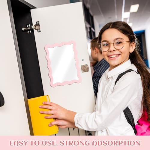 Leinuosen Scalloped Magnetic Locker Mirror 5''x7'' Small Real Glass Makeup Mirror with Magnetic Backing Cute Locker Decorations for Office Cabinet Lockers Accessories(Light Pink)