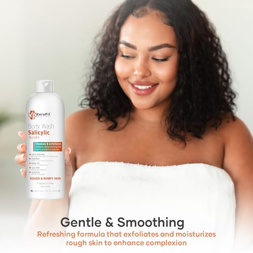 Salicylic Acid Body Wash - Skin Non-drying, Gentle Exfoliates Rough and Bumpy Skin, Body Acne Wash, BHA & AHA - Unscented Exfoliating Body Wash, Made in USA - (16 fl oz x 2)