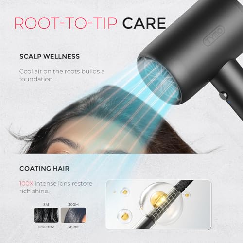 TYMO Diffuser Hair Dryer Blow Dryer - 300 Million Ionic Hairdryer with Diffuser & Comb Attachment for Curly Hair, Professional Blowdryer for Women, Cool Air Button, Small Travel Lightweight, Black