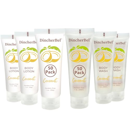 DincherBel Travel Size Body Wash and Body Lotion - Bulk Hotel Toiletries Supplies for Guests - Refreshing Tropical Coconut Scent Shower Gel and Body Cream for Men & Women (1 Fl Oz, 100 Pack)