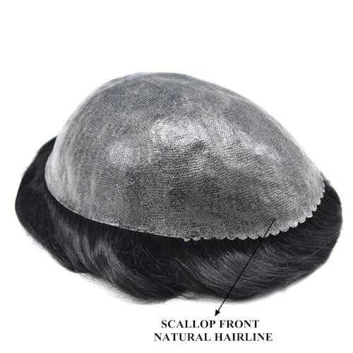 Toupee For Men Hair Pieces Full Poly Mens Toupee Human Hair Replacement Systems Thin Skin Hairpieces For Men Protesis Capilar Para Hombre#1B Off Black