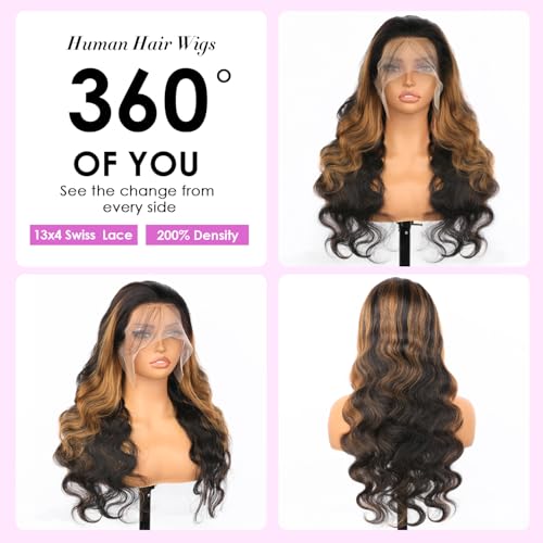 30 inch Highlight Body Wave Lace Front Wigs Human Hair Pre Plucked 200 Density 1B/30 Ombre Frontal Wigs Human Hair 13x4 Transparent Lace Wig Glueless Balayage Wigs for Women