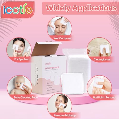 200-Count Eye Cotton Pads 100% Cotton Ultra Soft Square Cotton Pads, Spunlace Purely Physical Technology, Makeup Remover Pads for Facial Cleansing on All Skin Types