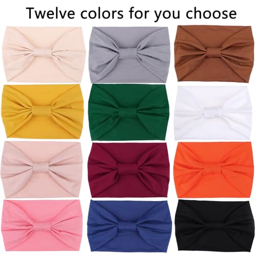 XTREND 12 Pcs Wide Headbands Fashion Knotted Headband For Headband Ladies Bohemian Style Women Non Slip Head Wraps Sport Yoga Workout Turbans Pure Color Hair for Girls Accessories (Solid Color)