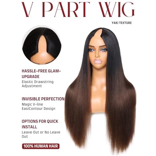 Beauty Forever V Part Wig Human Hair Yaki Straight EasiContour Vpart Wigs No Leave Out Ombre Chestnut Brown Glueless Upgraded U Part Wigs for Women None Lace Front Wigs T128 Color 150% Density 24inch