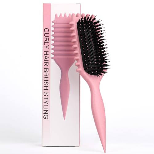 Curl Defining Brush, Multi Purpose Styling Brush for Separating, Combing and Curling Hair to Reduce Pulling (Pink)