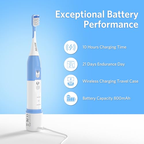 BESTEK Sonic Electric Toothbrush with IPX67 Waterproof, Powerful Cleaning Rechargeable Toothbrush with Multiple Modes & Smart Timer, 3 Replacement Brush Head & 1 Travel Case - Blue
