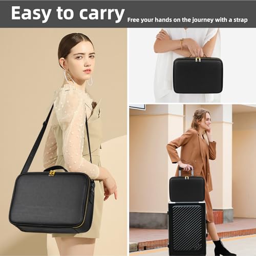15¡°¡¿11¡°Professional Makeup Train Case,Large Waterproof Travel Makeup bag with Mirror and Light, Leather Black Make up Bag with Mirror and Light,Led Makeup Case with Adjustable Dividers
