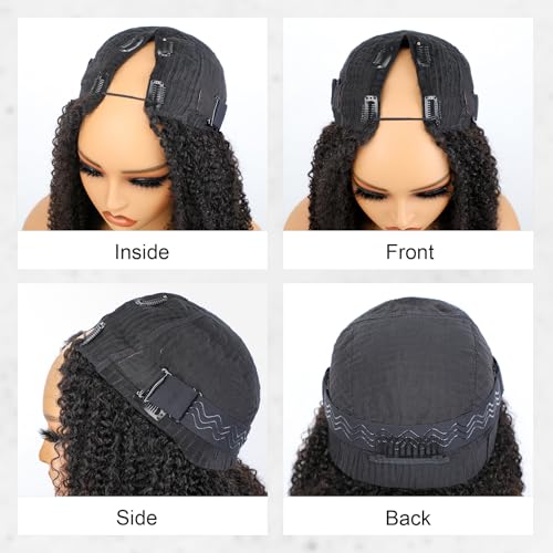 ISEE V Part Human Hair Afro Curly Minimal/No Leave Out Upgrade U Part for Black Women V Shape Kinky Curly Thin Part Glueless Clip In Half Wig 180% Density Natural Color 20 Inch