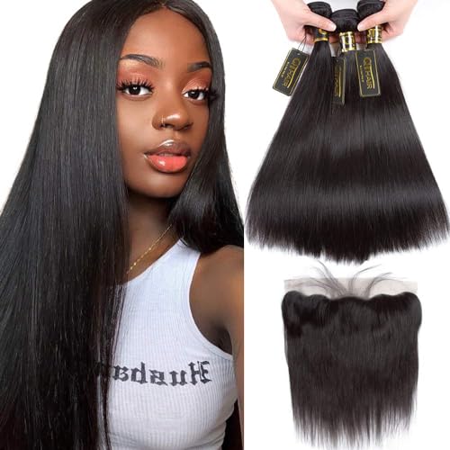 QTHAIR 16A Brazilian Straight Human Hair Bundles with Frontal(16 18 20+14,Natural Black) Brazilian Straight Virgin Hair with 13x4 Lace Frontal 100% Unprocessed Human Hair Weave with Frontal