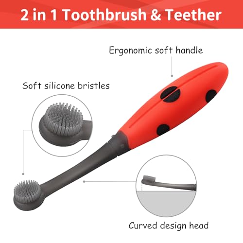Mombella Ladybug Baby Toothbrush 6 to 12 Months and Up, Extra Soft Silicone Infant to Toddler Training Toothbrush for Baby's First Teeth, Oral Care Teether Over 6m+, Clean and Massage Tender Gums 1pc