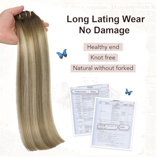 XDhair Clip in Hair Extensions Human Hair 120g 20 Inch 6pcs Balayage Color 3 Darker Brown to 8 Ash Brown and 22 Golden Blonde Double Drown Clip in Hair Extensions(20¡±, 3/8/22)