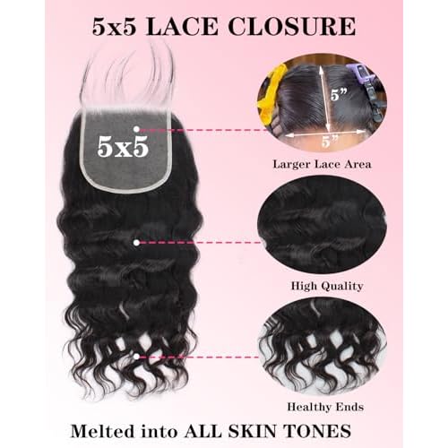 Loose Wave Bundles Human Hair with 5x5 Closure, (14 16 18+12) 12A 100% Real Human Hair Loose Deep Wave Bundles with Closure 5x5 Natural Color Unprocessed Brazilian Virgin Human Hair Extension