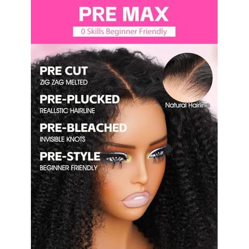 V SHOW Afro Kinky Curly Wear and Go Glueless Wigs Human Hair Pre Plucked Pre Cut 7x5 HD Lace Front Wigs Pre Bleached Bye Bye Knots 180% Density Afro Curly Lace Closure Wig Human Hair for Women 20 Inch