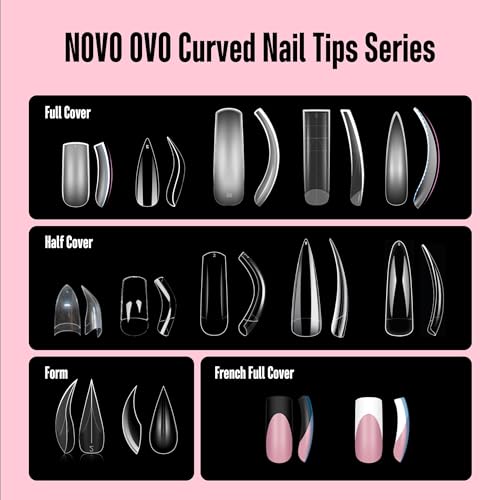 NOVO OVO Halloween XXL Curved Stiletto Almond French Tip Nail Tips, Soft Gel Extra Thick Long Acrylic Hawk Curve Fake Extension, Need Builder Gel & Top Coat, Full Cover Press on DIY 12 Sizes 240 pcs