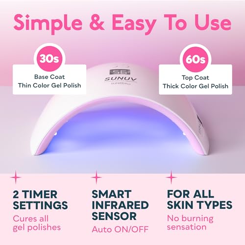 SUNUV UV Light for Nails, Dryer for Gel Polish with Sensor 2 Timers and Display SUN9X Plus UV Nail Lamp Pink