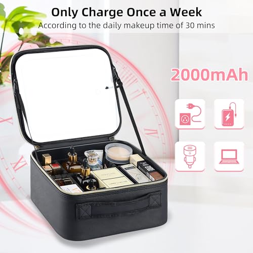 Travel Makeup Bag with LED Mirror ? Waterproof Cosmetic Train Case with Adjustable Dividers, Portable Makeup Organizer and Toiletry Bag for Women, Teens & Girls Gift, Black