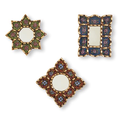 Peruvian Mirror Set of 3 ? Handmade Painted Glass Mirror Wall Decor in Green, Red and Blue