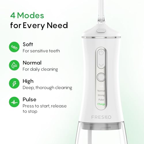 FRESKO Water Flosser with High Pulse & Constant Pressure Tech, Rechargable Oral Irrigator wih 10oz Water Tank, 50 Days Long-Lasting, IPX7, 4 Modes & 5 Tips for Travel