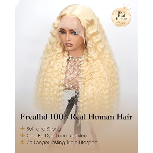 613 13x6 Lace Front Wig Human Hair 20 inch Blonde Deep Wave Wig 100% Real Human Hair 220 Density 613 HD Transparent Lace Frontal Wig No Synthetic Blend Wet and Wavy Curly Wig Triple Lifespan