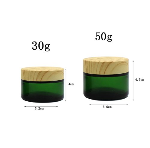 4Pack 50g Green Glass Cosmetic Cream Jars, Empty Sample Jars Containers Pot with Wood Grain Lids for Lotion, Lip Balm, Eye Cream, Scrubs, Oils, Salves, Ointments