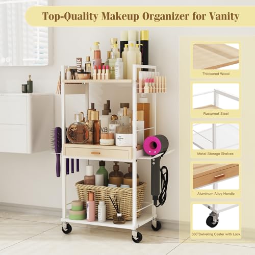 Makeup Organizer Cart with Wooden Drawer, 2-in-1 Floor Skincare Organizers with Jewelry Storage, 16.5'' L x 11.8'' W x 34.2'' H Large Make Up Organizers Vanity Organizer for Skin Care Hair Tool