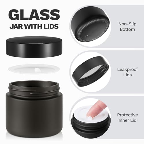2 oz Glass Jars with Lids, Bumobum 48 pack Black Cream Jars with Black Lids, Black and White Labels & Inner Liners, Empty Cosmetic Containers for Cream, Lotion, Ointment