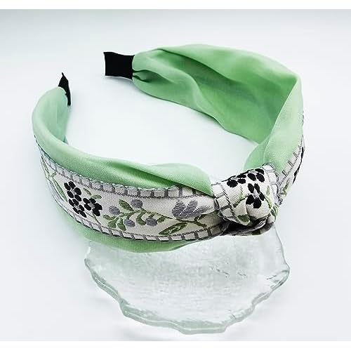 Boho Knotted Green Headband with Handmade Lace Embroidery Floral Headband for Girls Womens