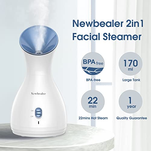 Newbealer 2in1 Facial Steamer, Hot Mist Facial Aromatherapy Humidifier Atomizer, Large Face Steamer Unclogs Pores Sinuses Moisturizing, Home Sauna Spa with Eyebrow Set (Blue, 170ml)