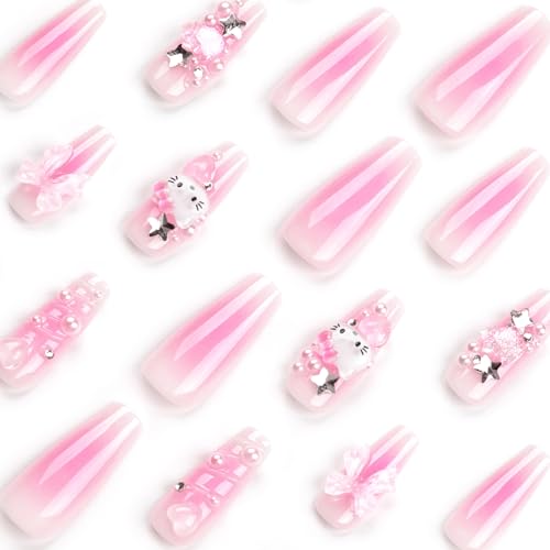 24Pcs Pink Coffin Nails Press on Nails Long Coffin Fake Nail with 3D Heart Pearl Star Charms Design Nail Art Gems Diamond Pink Acrylic Nail Art Supply Full Cover Stick on Nails Art for Women