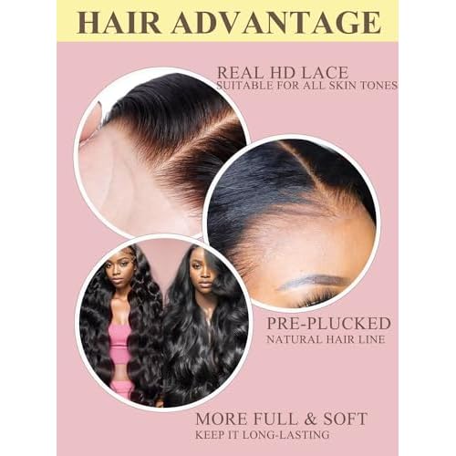 34 Inch Body Wave Lace Front Wigs Human Hair Pre Plucked 180% Density 13x4 Transparent HD Lace Front Wigs for Women Glueless Frontal Wigs with Baby Hair Natural Black Human Hair Wig