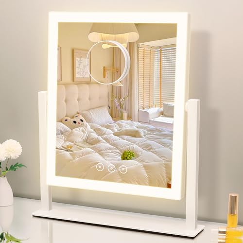 Vanity Mirror with Lights, Makeup Mirror with Lights Three Color Lighting Modes, Dimmable Touch Screen, Detachable 10X Magnifying Mirror, 360¡ÆFree Rotation,White
