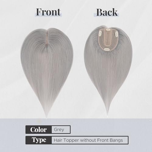 Human Hair Topper for Women with Thinning Hair, 4 Clips, Silk Base 3.94x4.72, No Front Bangs, 14 Inches Lengths, Grey Color, Achieve a Fuller, More Youthful Appearance