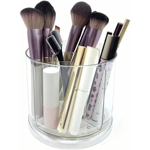 Makeup Brush Holder 360 Rotating Makeup Brushes Organizer for Vanity, 5 Slots Makeup Organizers & Storage, Multi-Functional Pencil Pen Holder for Desk, Cosmetic Storage Container Cup (Clear)