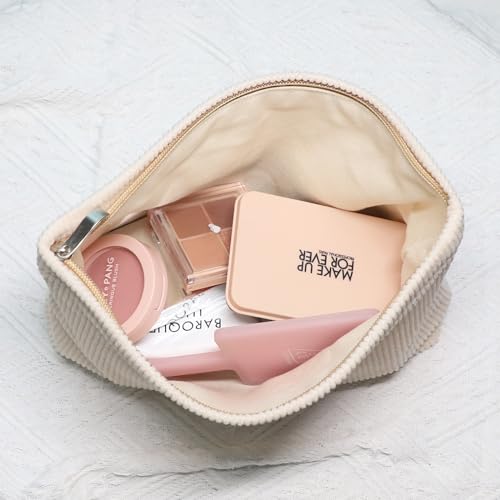 Wudygirl Travel Makeup Bag,Large Capacity Cosmetic Bag for Women,Corduroy Toiletry bag Handbags Purses Zipper pouch(Beige)