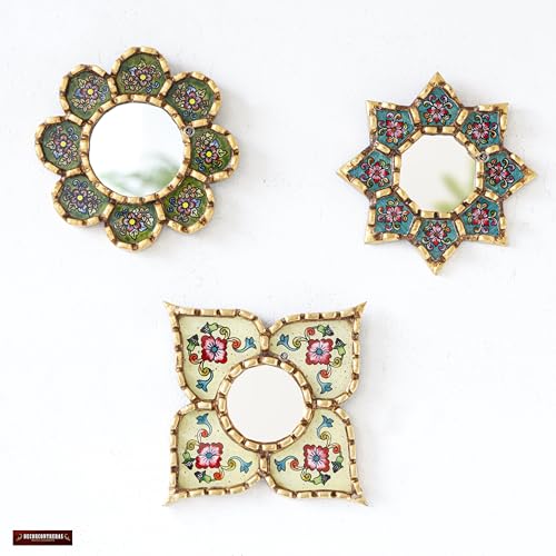 Handmade Peruvian Mirror Set ? Reverse Painted Glass ? Small Decorative Mirrors for Wall ? Artisan Star & Diamond Designs ? Unique Wall Decor Gift