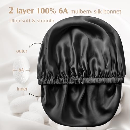 YFONG Double Layered 100% Silk Bonnet for Sleeping Women, 22 Momme Pure Mulberry Silk Sleep Shower Cap with Adjustable Elastic Band Stay On Head£¬Reduce Frizz, Keep Hairstyle, Black, L