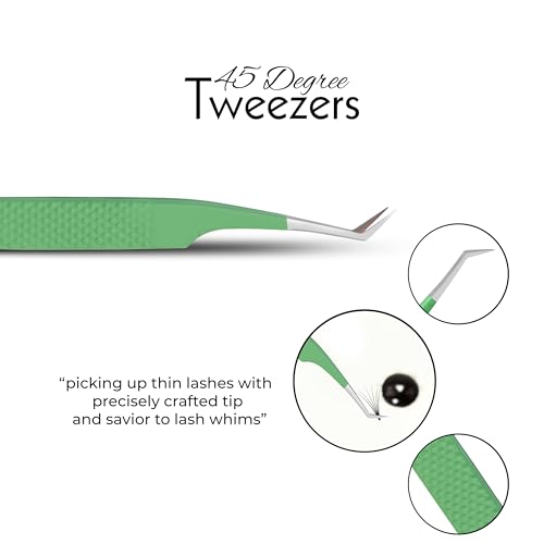 SIVOTE Lash Tweezers for Eyelash Extensions Fiber Tips, Set of 3, 45 Degree, Curved, Volume Boot, Dark Green Red Green