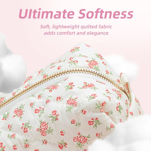 2-Piece Handmade Cotton Quilted Makeup Bag Set, Floral Cosmetic & Skincare Organizer Zippered Pouch for Women & Girls, Travel Toiletry Bag for Essentials,Rose
